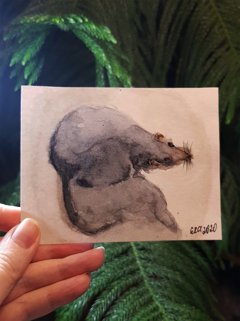 【Limited Edition】Mouse Art Watercolour Original Art Zodiac mouse Painting - 墙贴/壁贴 - 其他材质 灰色