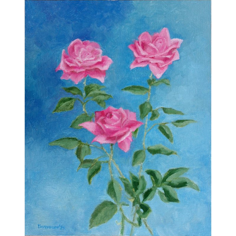 Pink Garden Roses Flowers Original Art Oil Painting Wall Decor Beautiful Roses - 海报/装饰画/版画 - 其他材质 多色