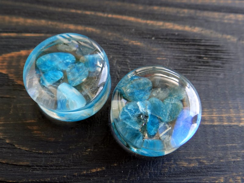 Blue Apatite Stone plugs 0g 00g ear gauges Nautical Resin - 耳环/耳夹 - 宝石 蓝色