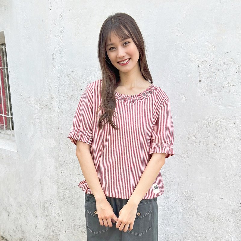 Hana Mokuba 折皱圆领五分袖收口条纹上衣 - 女装上衣 - 其他材质 