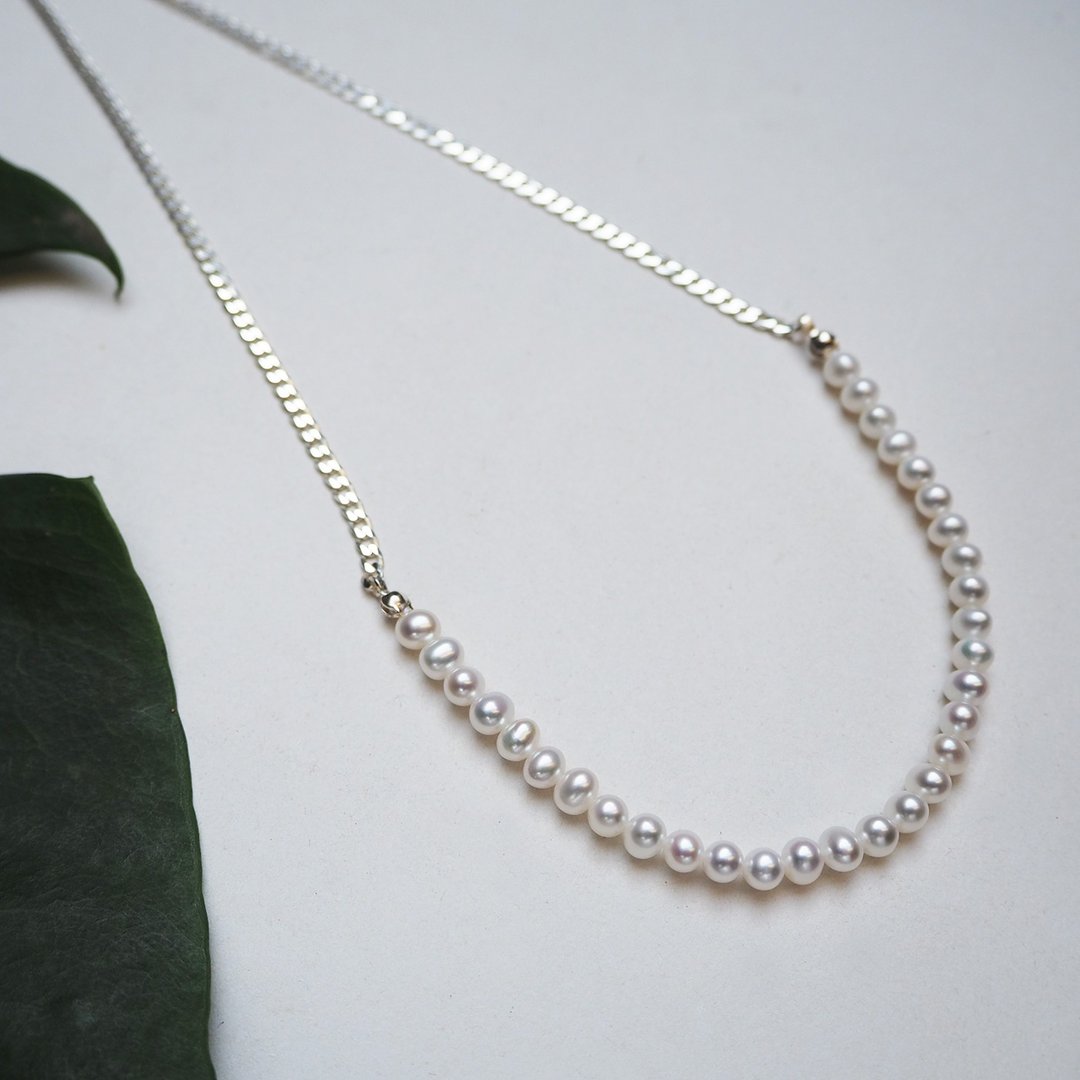 chain pearl necklace_银链珍珠项链 5-7mm淡水珍珠 - 项链 - 珍珠 白色