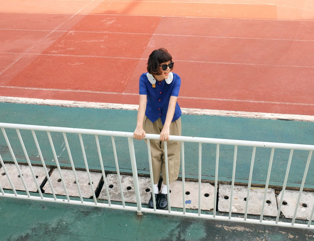 Ducky collar short sleeves shirt - 女装衬衫 - 棉 蓝色