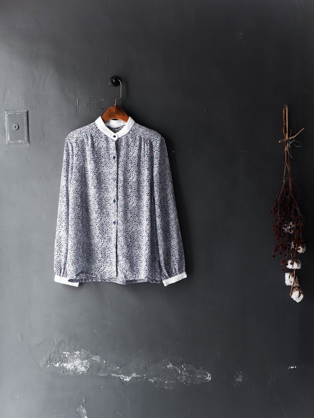 河水山 - 兵库微凉秋季刺绣打折 古董丝感纺纱质衬衫上衣 shirt oversize vintage - 女装衬衫 - 聚酯纤维 蓝色