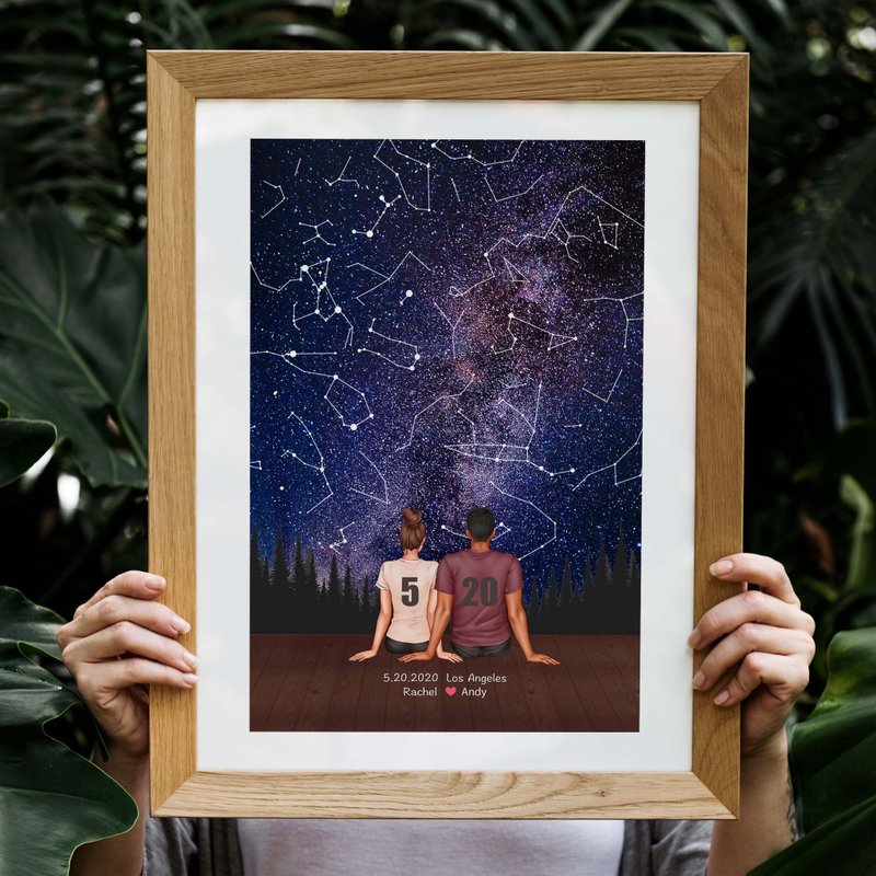 【定制化交往周年纪念日礼物】纪录交往当天的真实星空夜晚电子档 - 画框/相框 - 木头 紫色