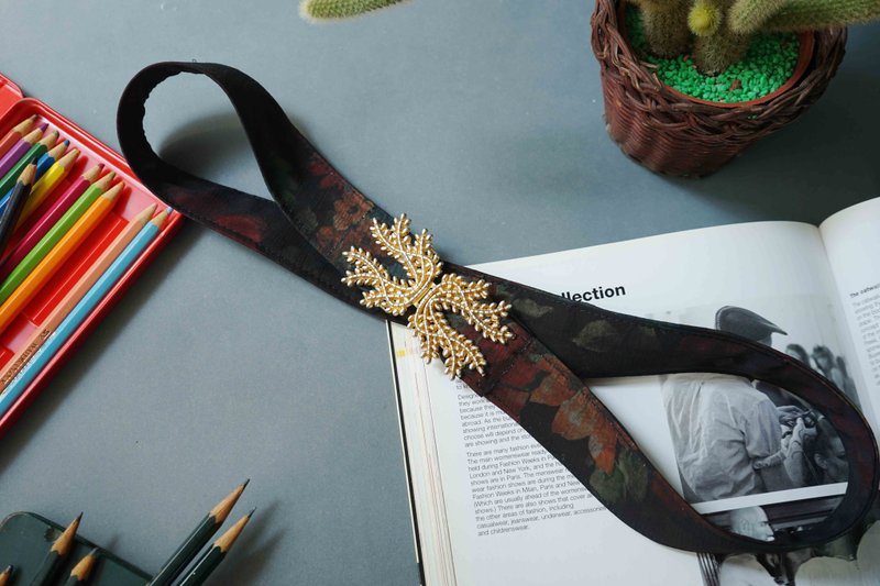 欧洲杂货-新艺术藤蔓古董金色皮带头黑雪纺花卉腰带 - 皮带/腰带 - 其他金属 金色