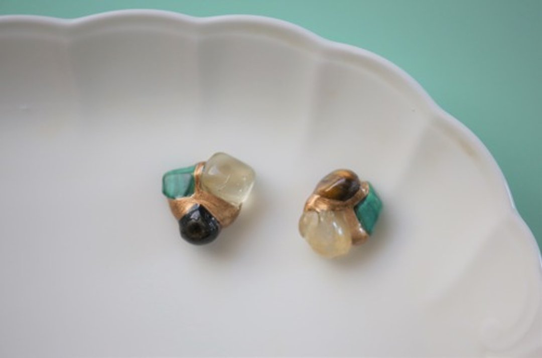 Kintsugi x natural stone earrings earrings (malachite, tiger eye, citrine) - 耳环/耳夹 - 宝石 