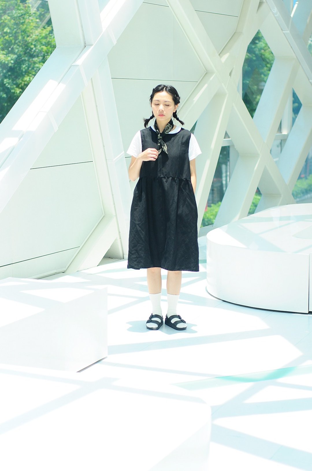 棉麻料 黑色 宽松背心裙 洋装 四季可穿 - 女装背心 - 棉 黑色
