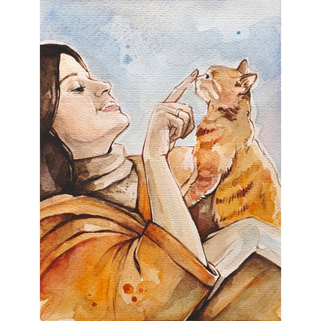 Cat painting pet original art girl with cat watercolor artwork animal wall art - 海报/装饰画/版画 - 纸 橘色