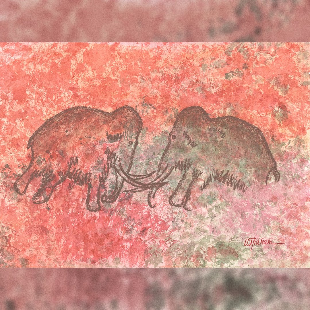 猛犸象狩猎画室内史前艺术水彩画粉彩画 - 海报/装饰画/版画 - 纸 红色