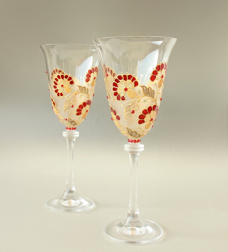 Crystal Wine Glasses Gold and Red Hand Painted set of 2 - 酒杯/酒器 - 玻璃 金色