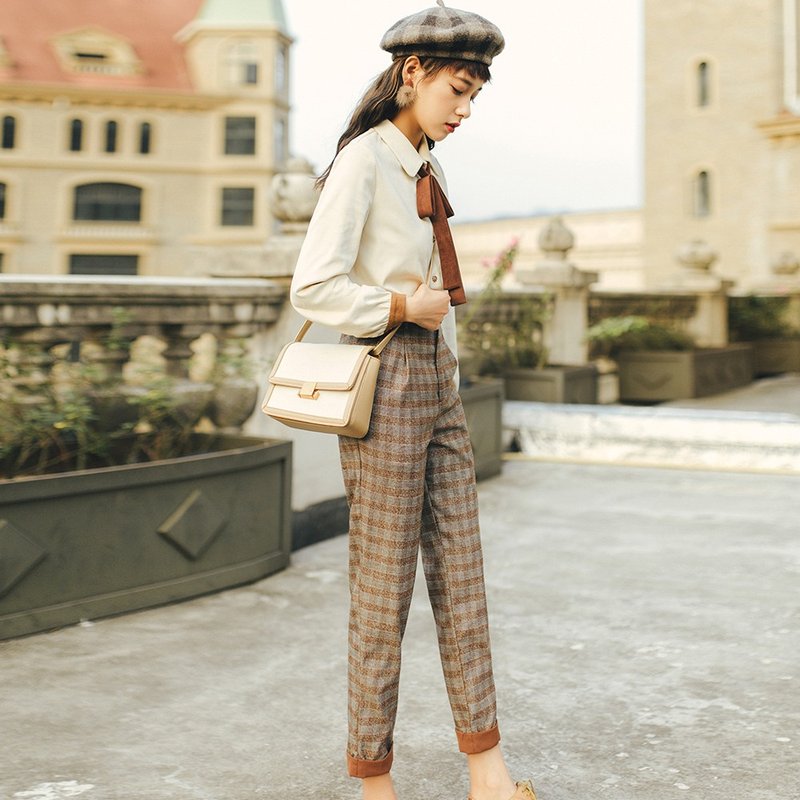 2018秋冬女装新品卷边斜插袋九分小脚裤 - 女装长裤 - 聚酯纤维 咖啡色