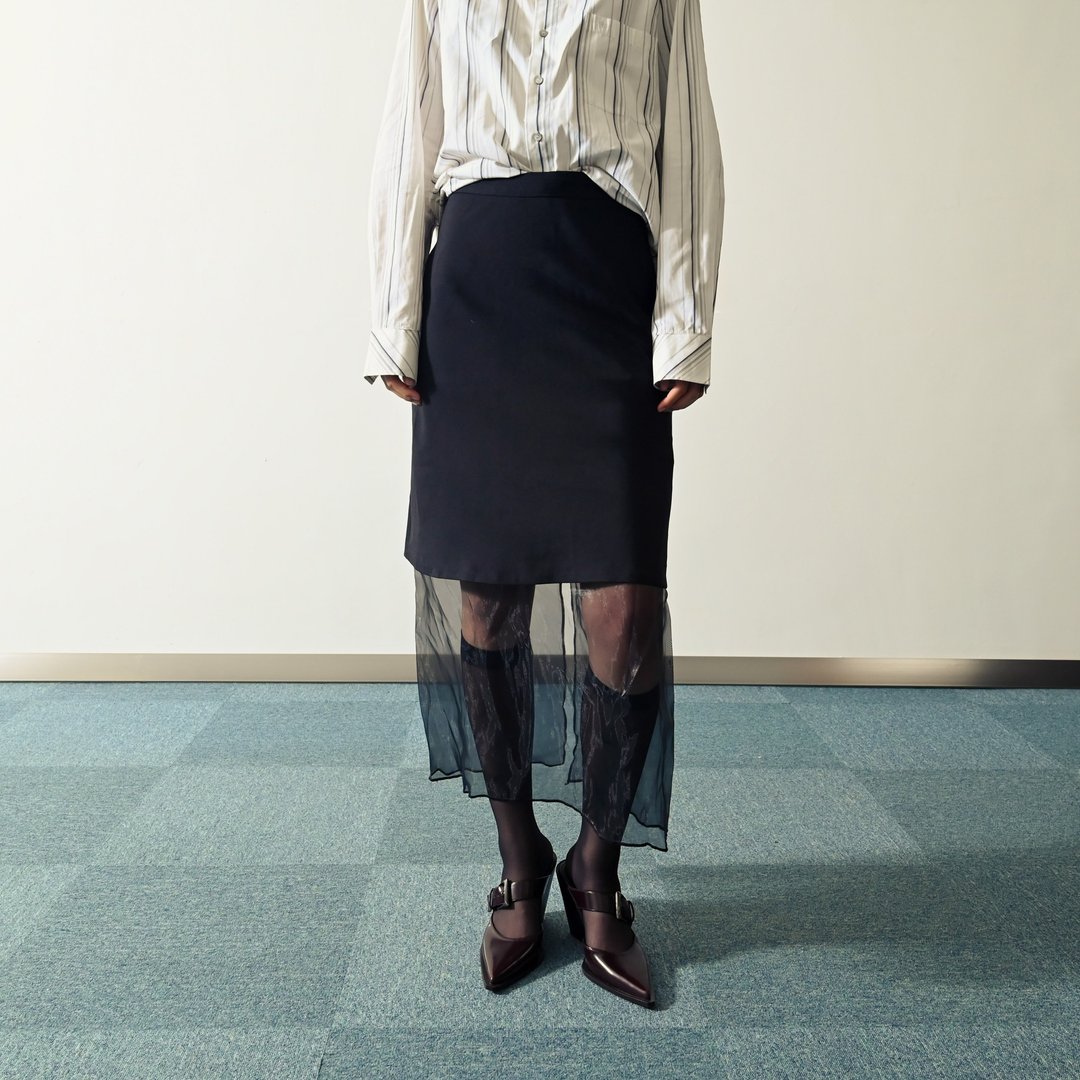 【NaSuBi Vintage】Upcycling纱质拼接古着长裙 - 裙子 - 其他人造纤维 黑色