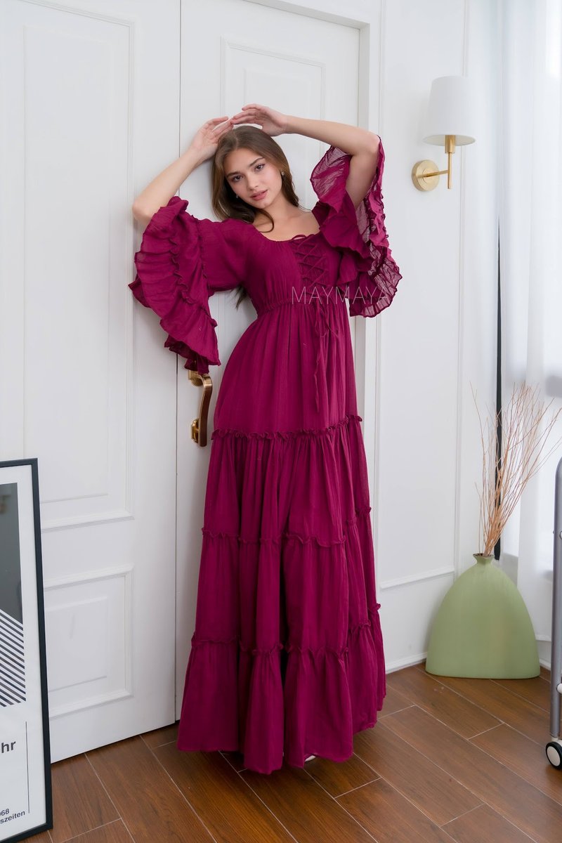 酒红勃艮第长洋装，长款礼服，孕妇礼服，秋季长洋装 - 洋装/连衣裙 - 棉．麻 白色