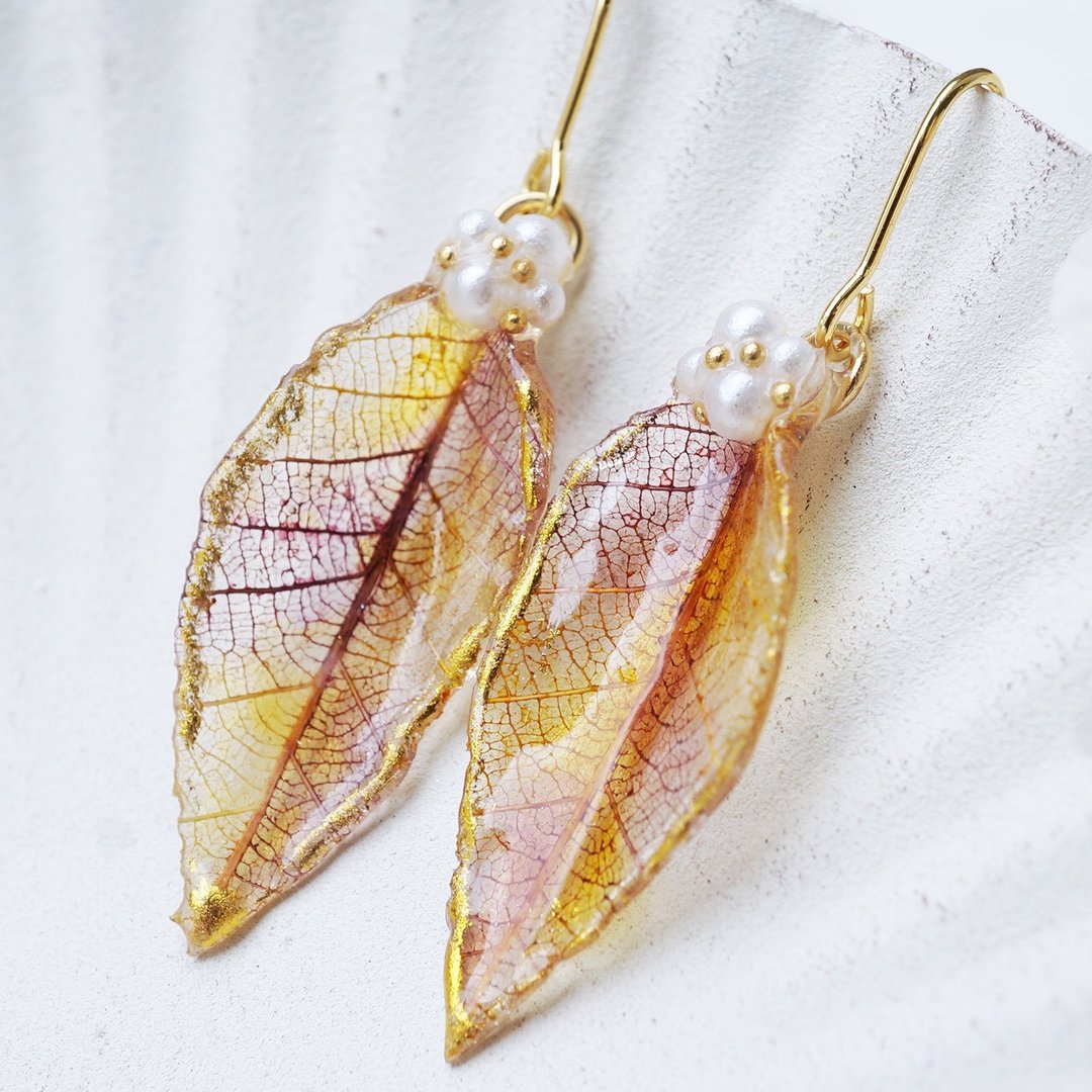Real Leaf / Mini Real Leaf jewelry set earrings - 耳环/耳夹 - 植物．花 紫色