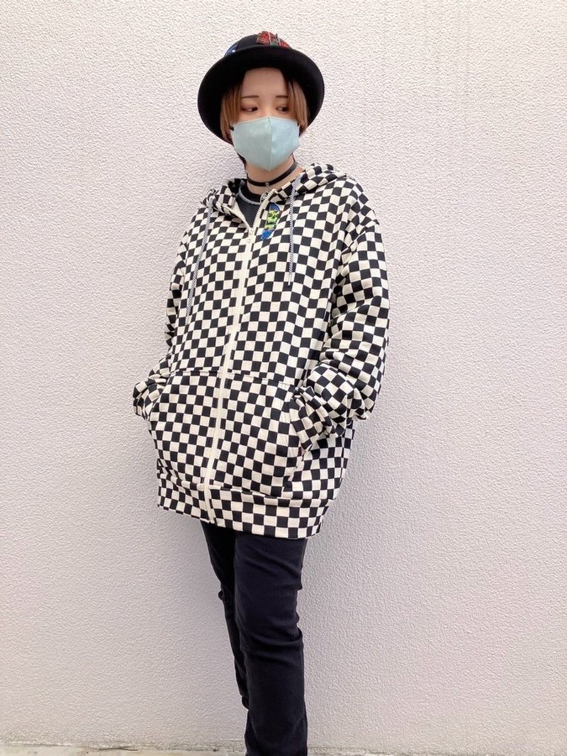 格纹拉链连帽衫/黑色/白色/F尺寸/hellcatpunks/hcp-pk-0058 - 女装上衣 - 棉．麻 黑色