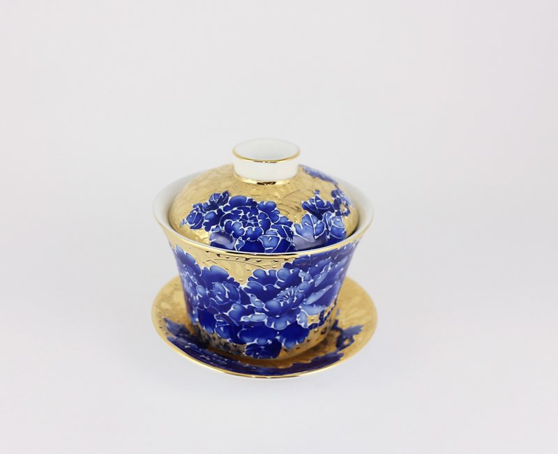 纯手绘茶杯-全鎏金牡丹(三件式盖杯)-青花 - 茶具/茶杯 - 瓷 蓝色