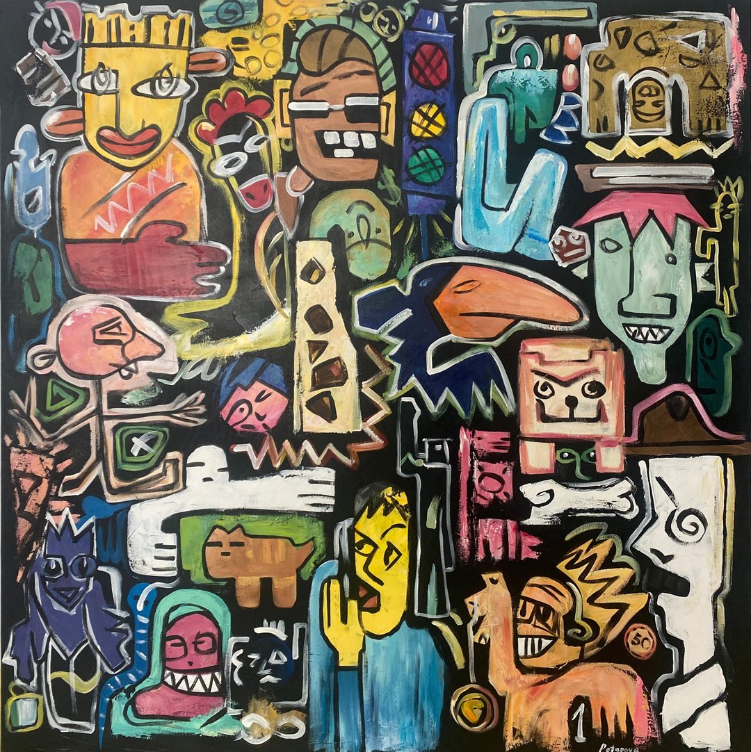 原创抽象异想天开的人物普普艺术画布上的绘画涂鸦艺术 - 墙贴/壁贴 - 压克力 多色