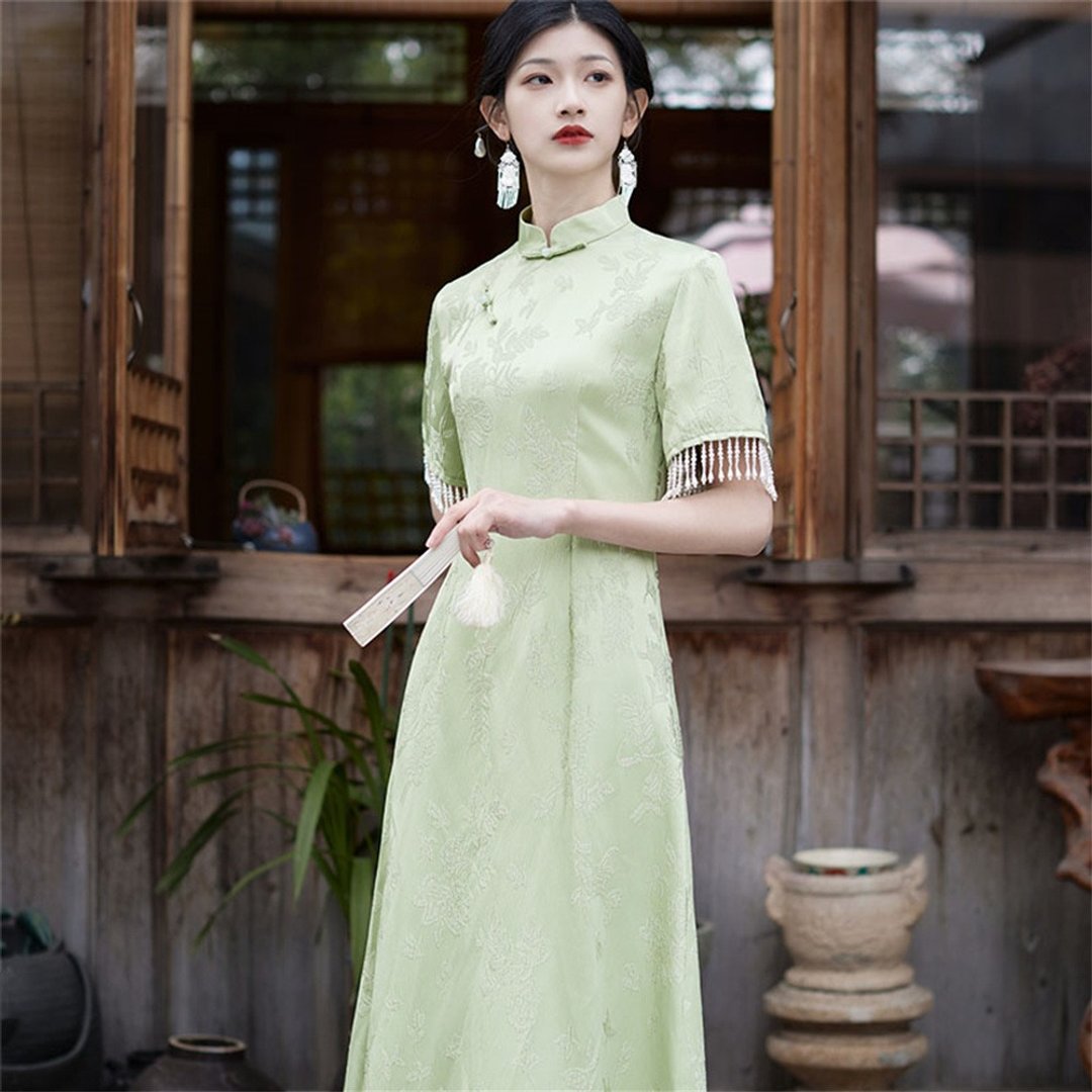 流年 淺綠色改良旗袍連衣裙 短袖顯瘦洋裝 春夏新中式日常少女裙 - 旗袍 - 聚酯纤维 绿色