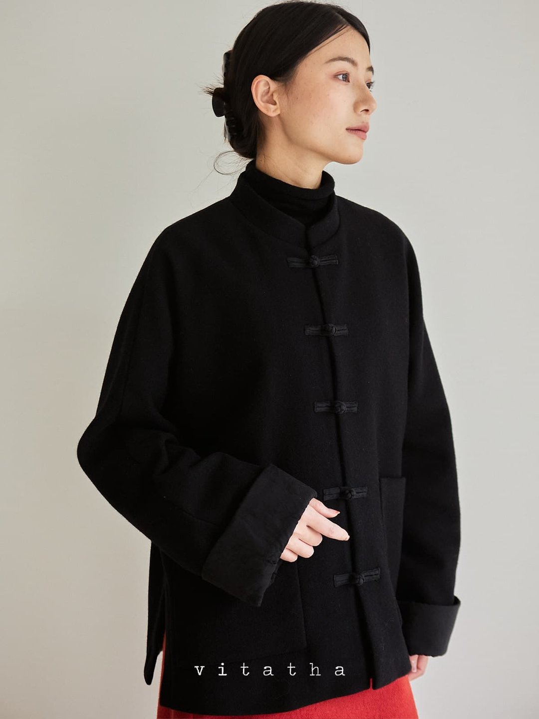 黑色 守拙 新中式盘扣上衣外套 英国Moon传承系列羊毛 - 女装休闲/机能外套 - 羊毛 黑色