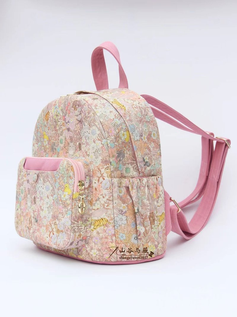 日本松浦动物花园布料|双肩包|后背包|布艺双肩包 - 后背包/双肩包 - 棉．麻 粉红色
