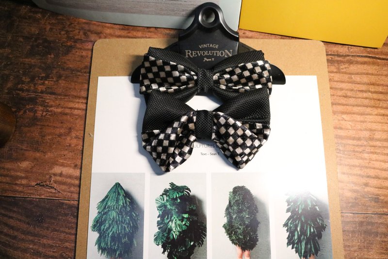 絲絨格子拼接暗紋真絲領結蝴蝶結紳士正裝八字結 - 领带/领带夹 - 丝．绢 黑色