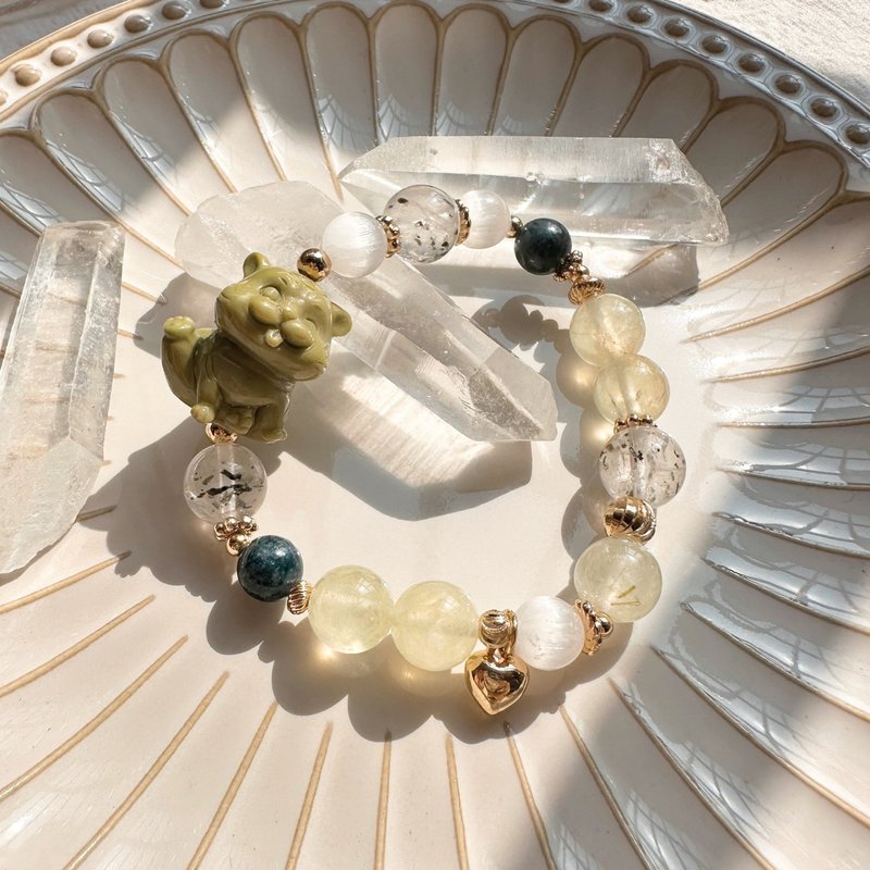 森林里的虎闹时光 阿拉善俏皮虎 x 葡萄石 蓝绿晶 绿云母 透石膏 - 手链/手环 - 半宝石 绿色