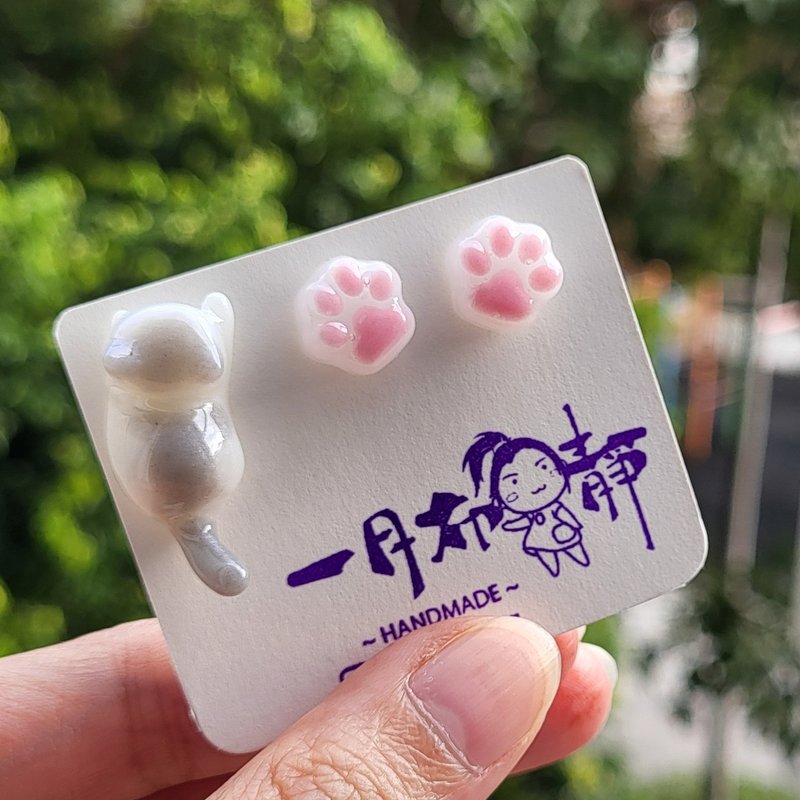 灰白喵喵耳环 - 耳环/耳夹 - 树脂 