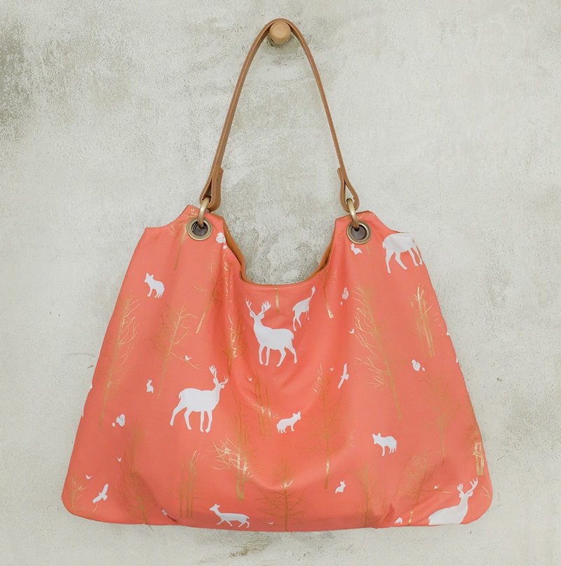 新年快乐　大白鹿　梯形抓褶空气感包包　牛皮提把　珊瑚红粉　橘粉　金色的树 - 侧背包/斜挎包 - 其他材质 粉红色