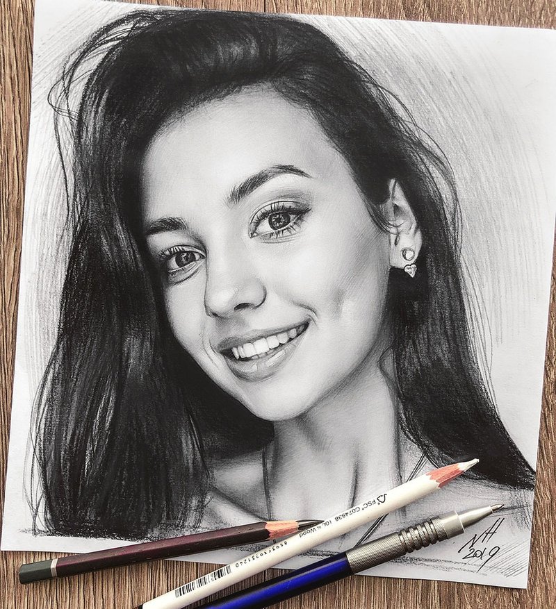 定制石墨铅笔全家福从照片中画肖像 - 订制画像 - 纸 白色