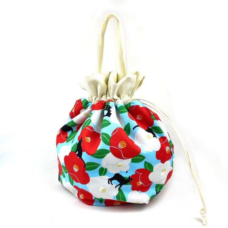 巾着袋, 束口手提袋 (朵朵猫 - 空蓝色) *接单生产 - 手提包/手提袋 - 棉．麻 蓝色