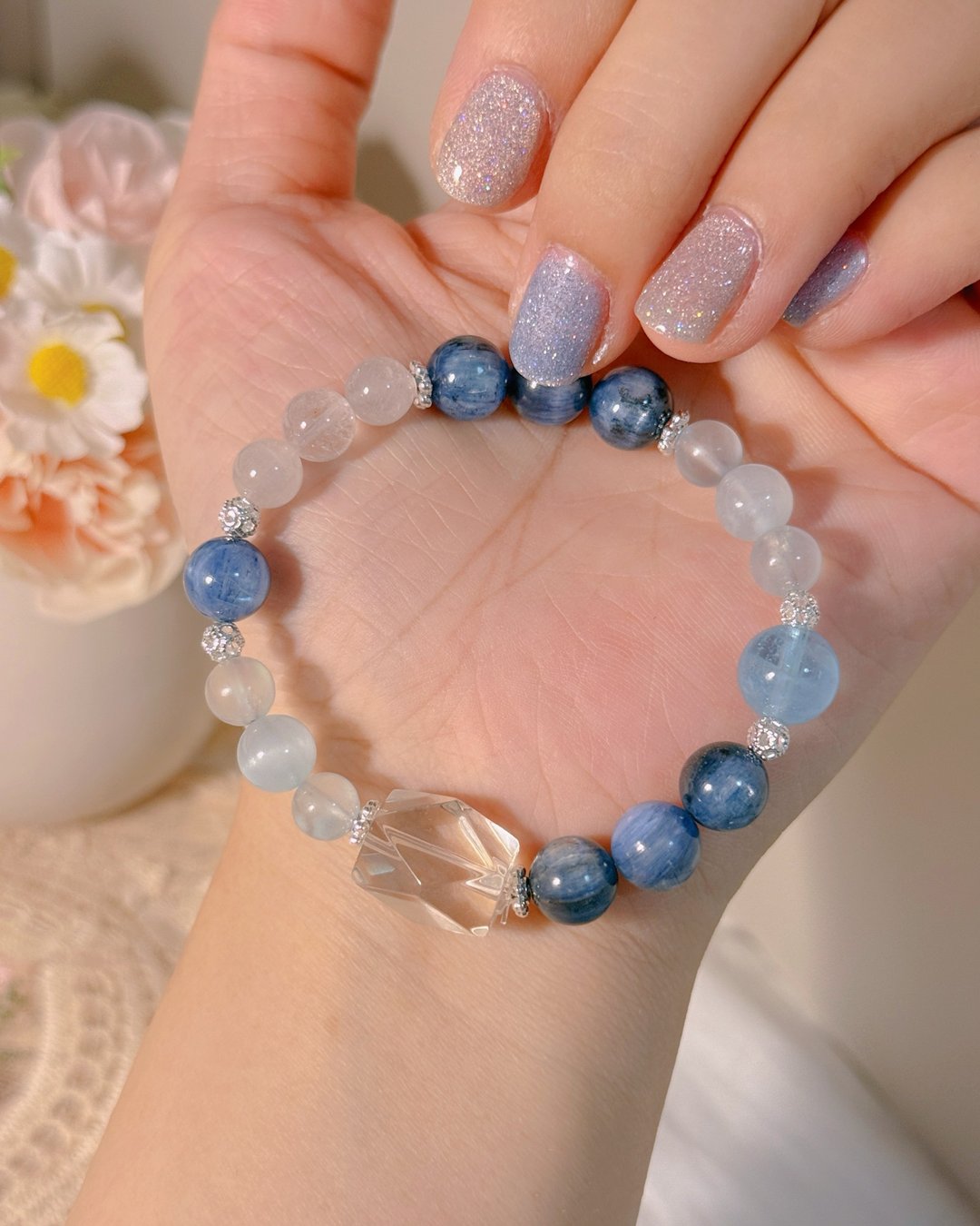 蓝晶石 x 海蓝宝 x 白水晶 x 白兔毛 | 雾海来信 - 手链/手环 - 水晶 蓝色