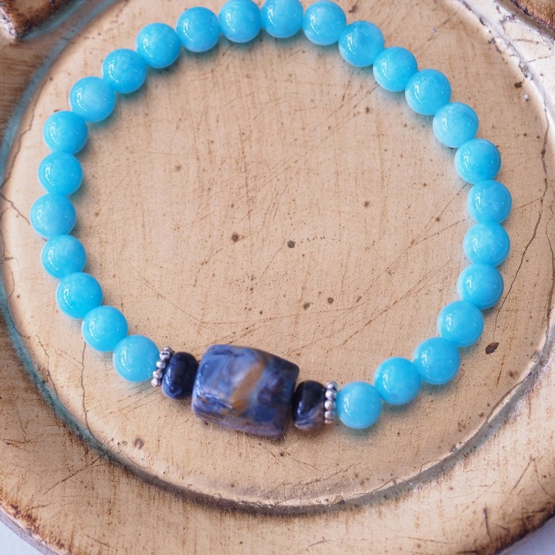 彼得石 天河石 纯银手环 Pietersite Amazonite Silver Bracelet - 手链/手环 - 半宝石 蓝色