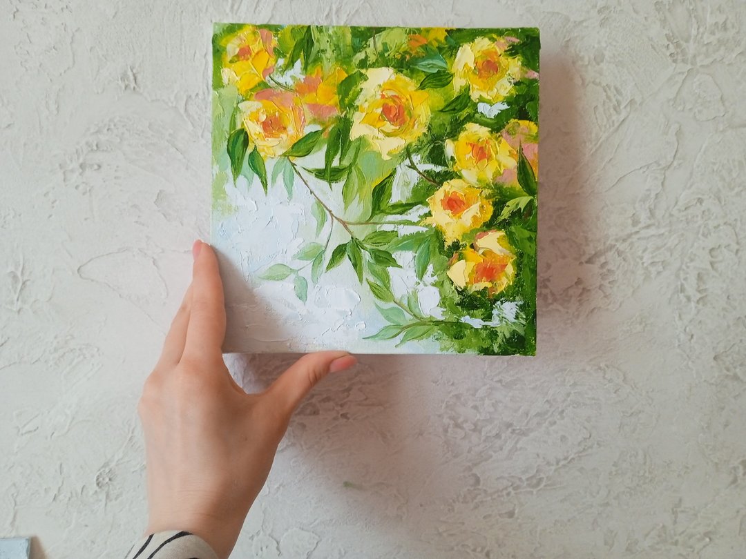 花卉油画。原创艺术。黄玫瑰艺术品。布面油画 - 海报/装饰画/版画 - 其他材质 黄色