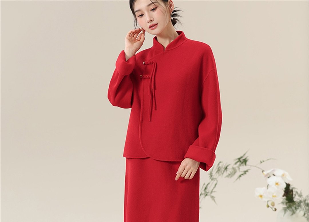 新中式中国风 羊毛双面呢 上衣/半裙 - 女装上衣 - 羊毛 红色