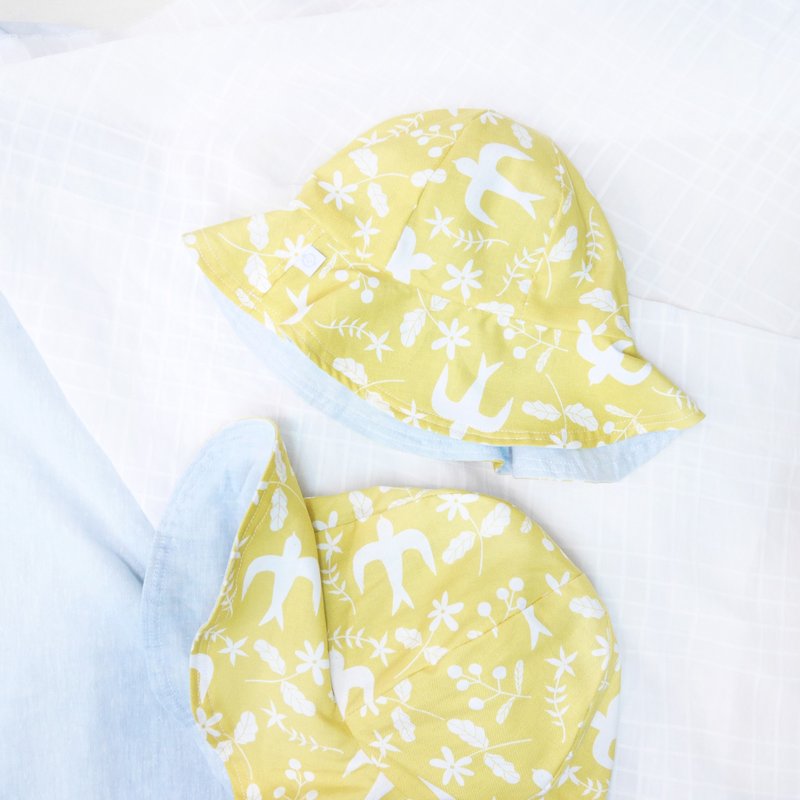 轻透感 宽帽沿圆顶亲子帽 | 芥末黄花鸟 - 帽子 - 棉．麻 黄色