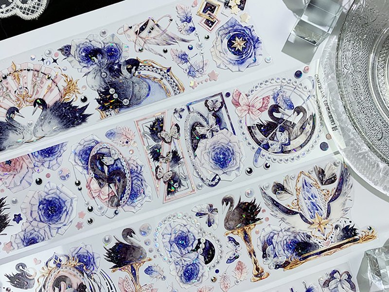 OKMT新七天原创社团咕卡贴纸PET手帐手账胶带特殊工艺 玫瑰天鹅湖 - 纸胶带 - 塑料 