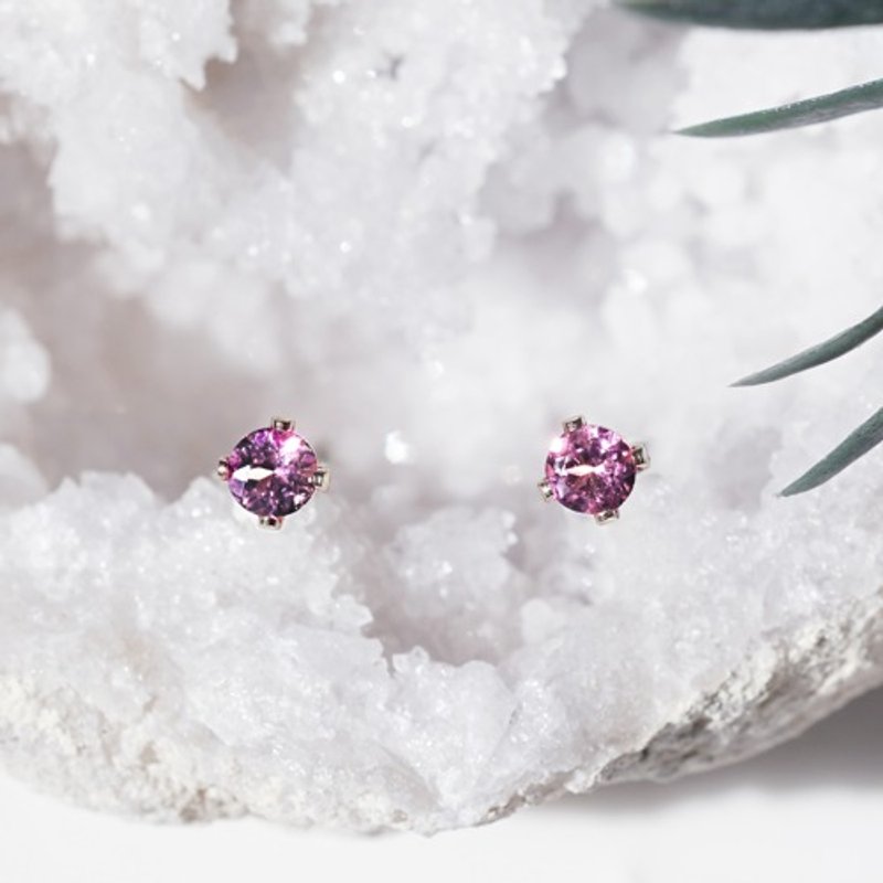 14KGF Stud Earrings with Pink Tourmaline 3mm Marianela - 耳环/耳夹 - 宝石 粉红色
