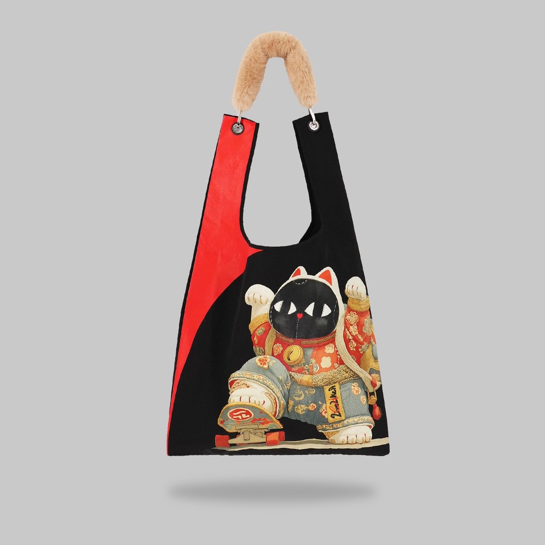 Skateboarding Lucky Cat Toby Bag | 配可拆仿毛肩带 - 侧背包/斜挎包 - 尼龙 黑色