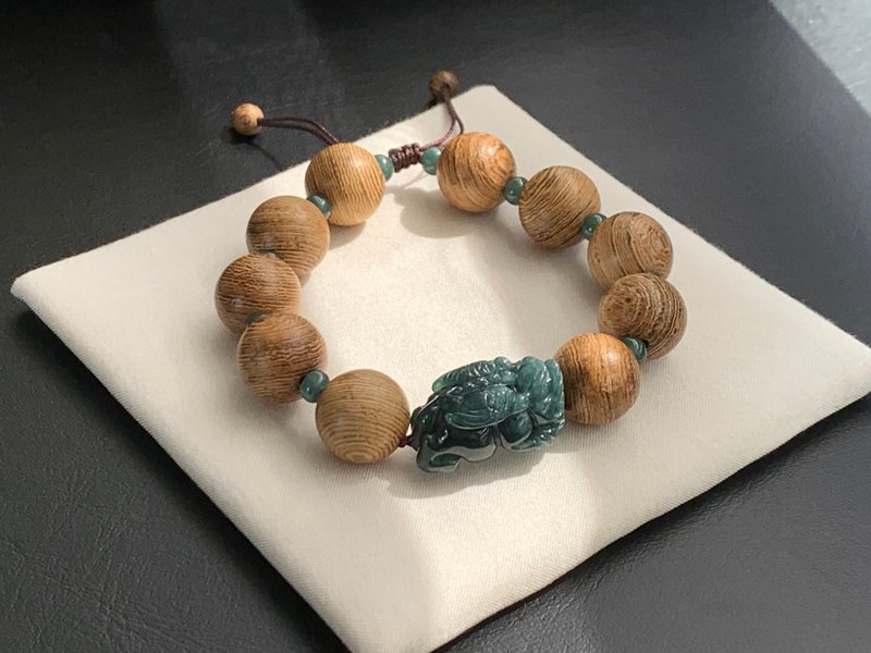 天然蓝水翡翠飞天貔貅手链 鸡翅木 霸气14mm木珠 免费开光 招财 - 手链/手环 - 玉石 多色