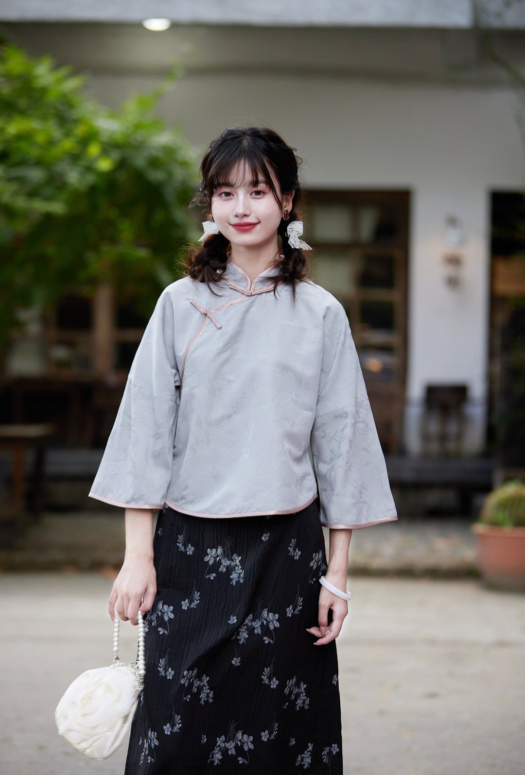 民國大小姐 淺灰色 暗紋提花中式倒大袖上衣 新中式民國風漢服 - 旗袍 - 聚酯纤维 灰色