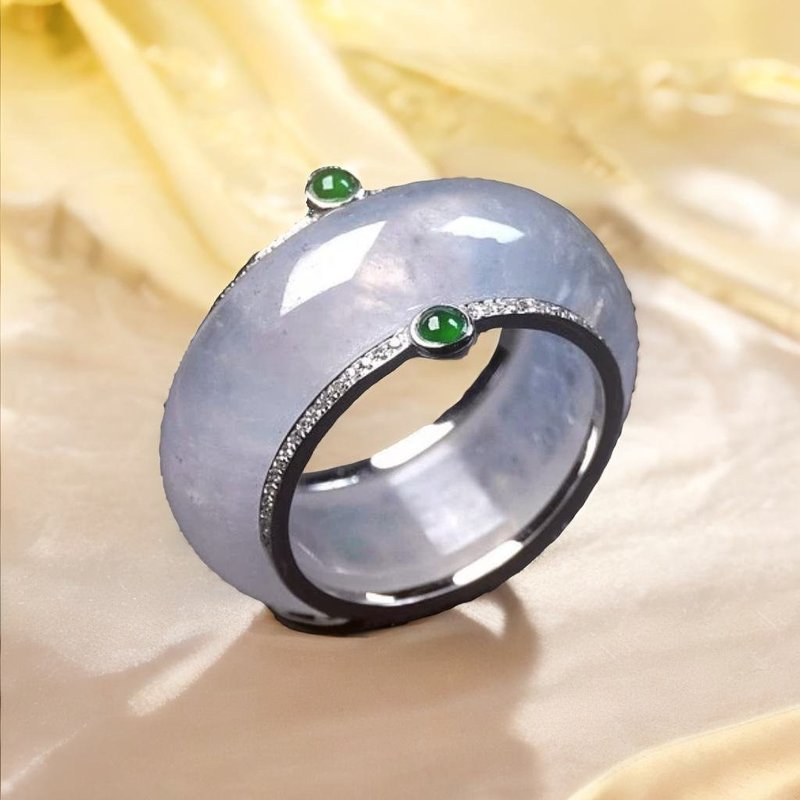 高冰种翡翠戒圈18K金钻石 | 国际10围 | 天然缅甸翡翠A货 | 送礼 - 戒指 - 玉石 透明