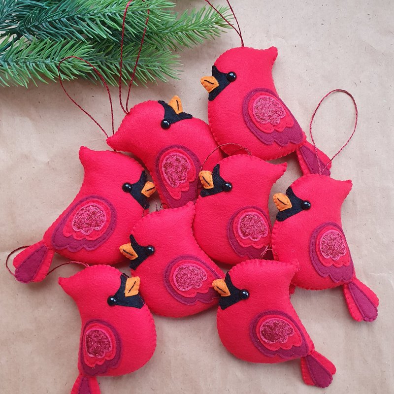Cardinal ornaments, bird Christmas tree, cute Christmas ornaments, Bullfinch - 玩偶/公仔 - 环保材料 红色