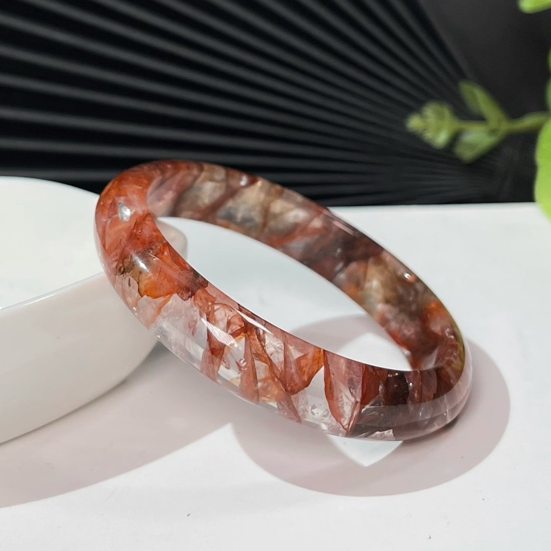 鸩羽幽灵水晶手镯50+MM 优质冰透牛血红胶花满景水晶女手环 财运 - 手链/手环 - 水晶 红色