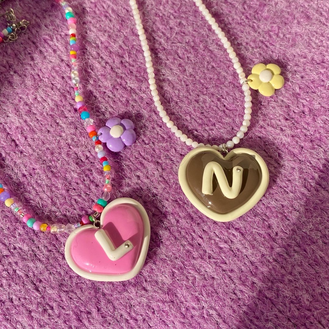 Bead necklace, genuine Stone necklace with letter heart pendant and flower lover pendant. - 项链 - 石头 粉红色