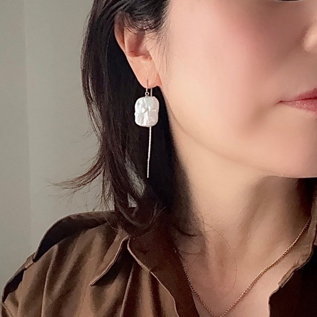 纯银美式耳环 方形淡水珍珠  珍珠耳环 pearl earrings  珍珠耳环 진주귀걸이 - 耳环/耳夹 - 珍珠 