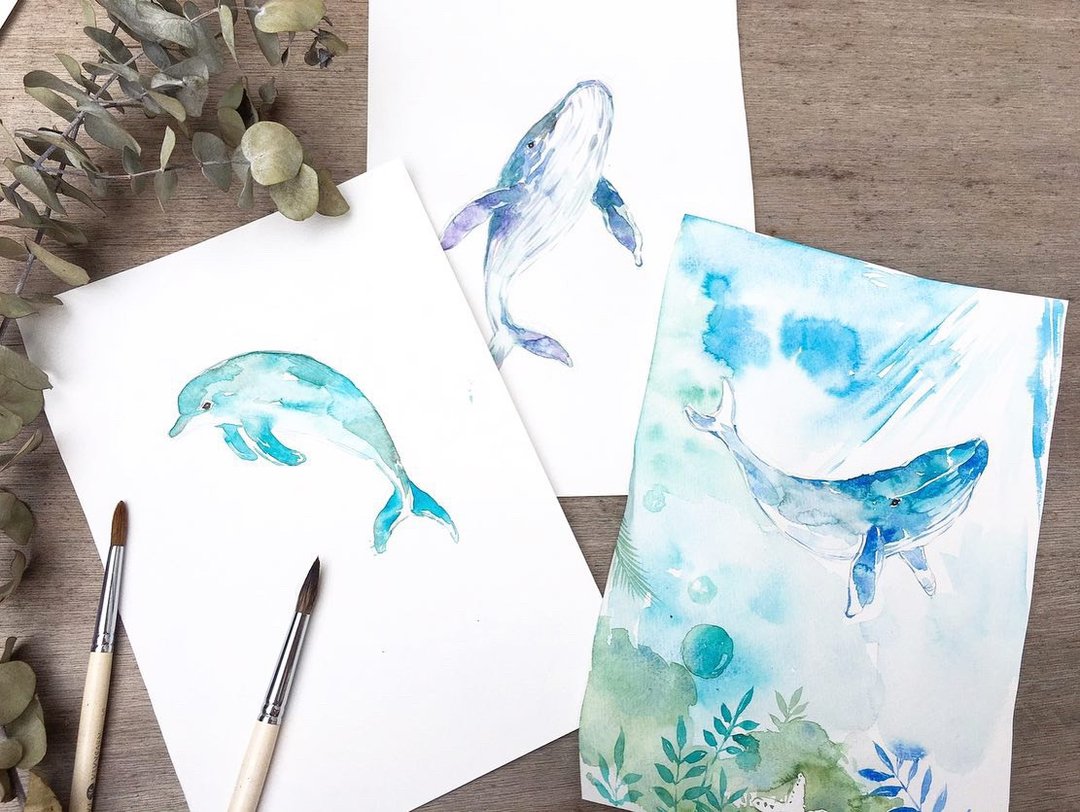【1人成班】体验活动。海豚鲸鱼系列 / 水彩渲染插画-Hazel老师 - 插画/绘画/写字 - 纸 
