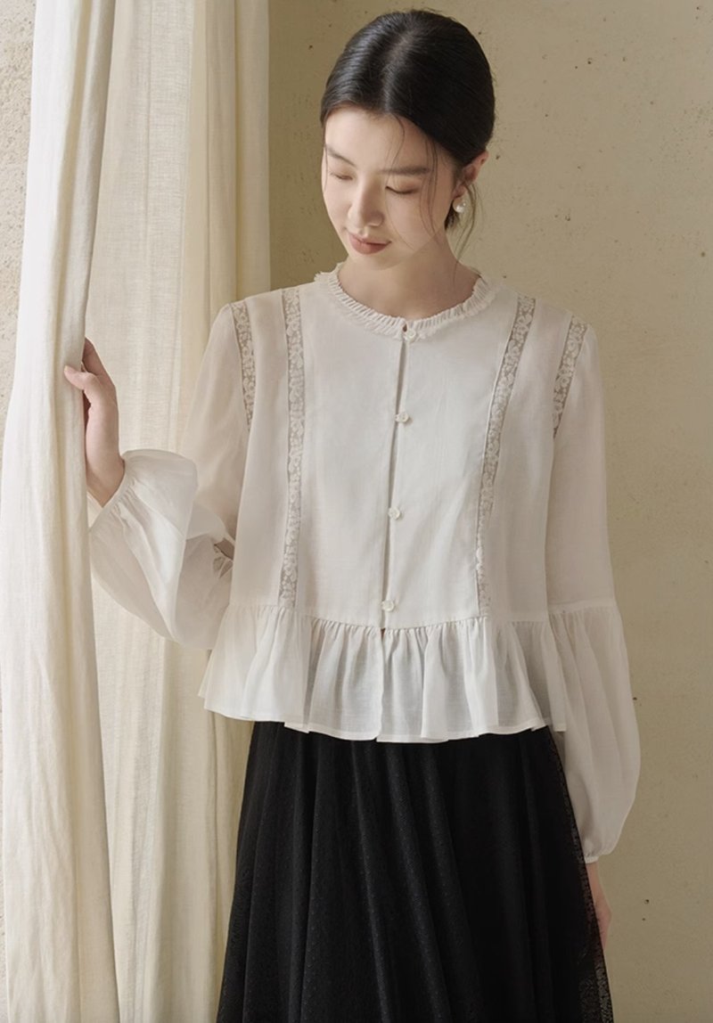 法式极简 蕾丝镂空微透感衬衫 - 女装衬衫 - 其他材质 白色