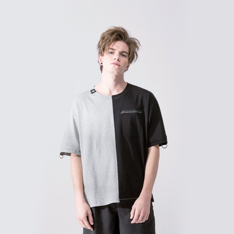 中性款 双色拼接短袖t-shirt / 黑色 - 男装上衣/T 恤 - 棉．麻 黑色
