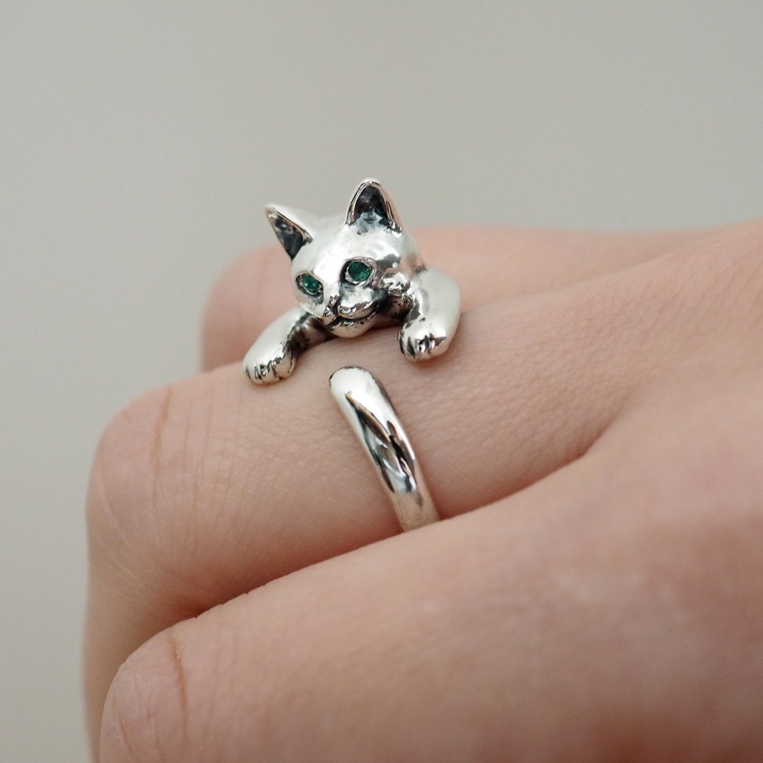 Heart Twisted Cat Ring Sapphire - 戒指 - 纯银 银色