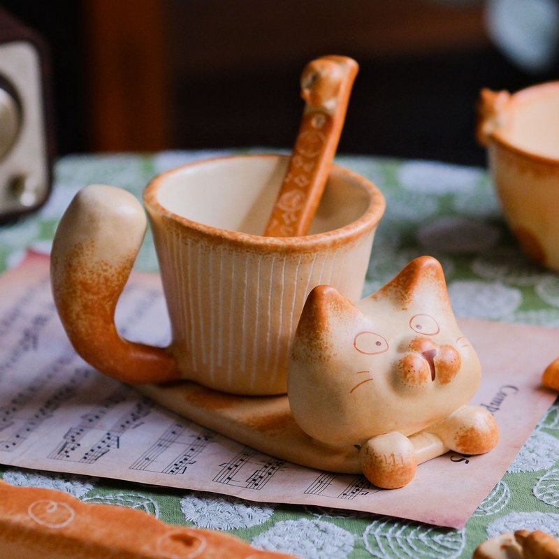 燚坊猫猫窑陶瓷咖啡杯碟套装创意手作马克杯复古好看礼物杯子小众 - 咖啡杯/马克杯 - 陶 